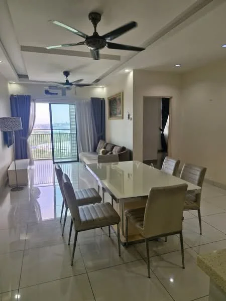 Dining features: 6-seater dining table, upholstered dining chairs, pendant light, floor-to-ceiling windows, sliding glass door, sofa, coffee table, ceiling fan, marble tile flooring, white painted walls, curtains, decorative artwork; style: modern; view: city.