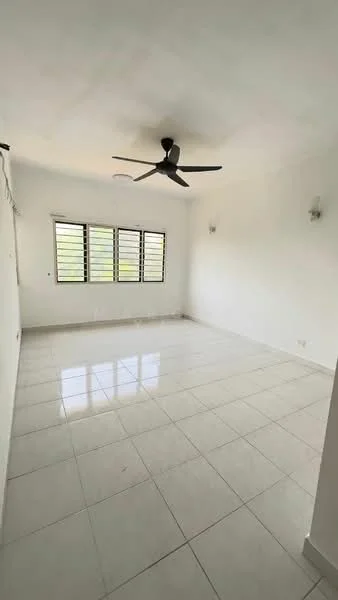 Room features: white painted walls, glossy ceramic tile flooring, 5-blade ceiling fan, floor-to-ceiling windows, natural light from windows, two wall-mounted sconces, no visible furniture; style: minimalist; view: garden.