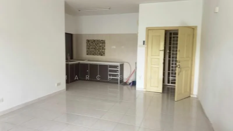 Room features: white painted walls, glossy tile flooring, kitchen cabinetry with dark wood finish, countertop with light-colored surface, single-basin sink, door with yellow paint, window with metal grille, ceiling lights, clean and uncluttered space; style: modern.