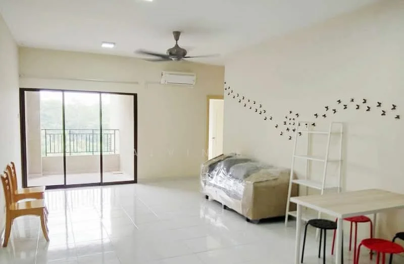 Living features: white painted walls, glossy white tile flooring, 5-blade ceiling fan with light, floor-to-ceiling sliding glass door, balcony view, sofa covered with plastic, wooden dining chairs, small round dining table, decorative wall with bird decals, air conditioning unit; style: modern; view: garden.