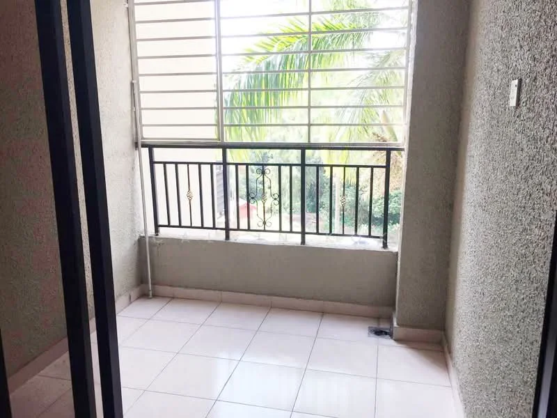 Balcony features: tiled flooring, metal railing, large sliding window, palm tree view, light grey walls, natural light, spacious layout; view: garden.