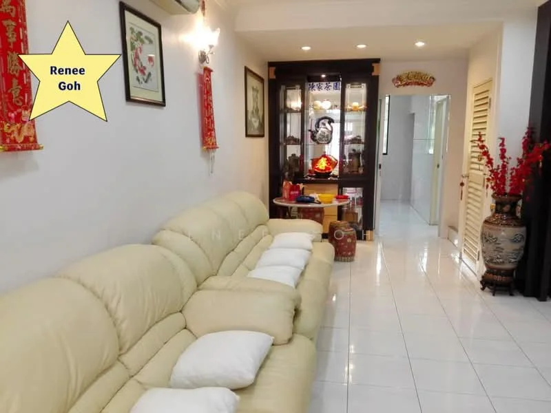 Living features: cream leather sectional sofa, white throw pillows, white tiled flooring, wall-mounted air conditioning unit, decorative wall art, framed artwork, display cabinet with glass doors, ceramic vase with red flowers, wooden door leading to hallway, recessed ceiling lights; style: modern.