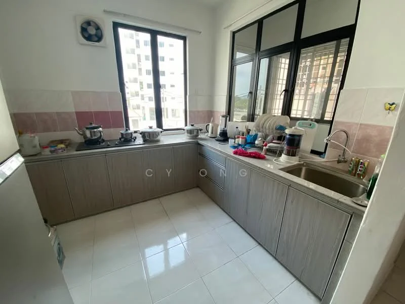 Kitchen features: grey laminate cabinetry, stainless-steel sink, chrome pull-down faucet, white tiled backsplash, white ceramic tile flooring, window with black frames, floor-to-ceiling windows, multiple cooking pots, electric kettle, coffee machine, toaster, microwave, refrigerator, countertop appliances; style: modern; view: city.