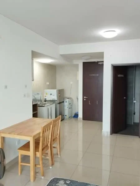 Room features: white painted walls, tile flooring, ceiling light, wooden dining table, 2 wooden chairs, refrigerator, washing machine, door to hallway, door to bathroom, kitchen area visible; style: modern.