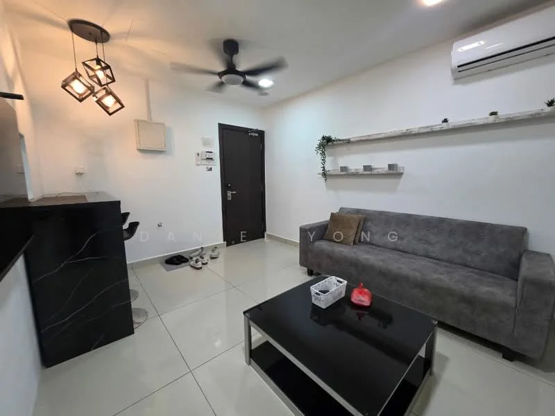 Living features: grey fabric sofa, black coffee table, wall-mounted air conditioning unit, 5-blade ceiling fan with light, white painted walls, glossy tile flooring, shelf with decorative items, pendant light fixture, door with security lock, open space layout; style: modern.