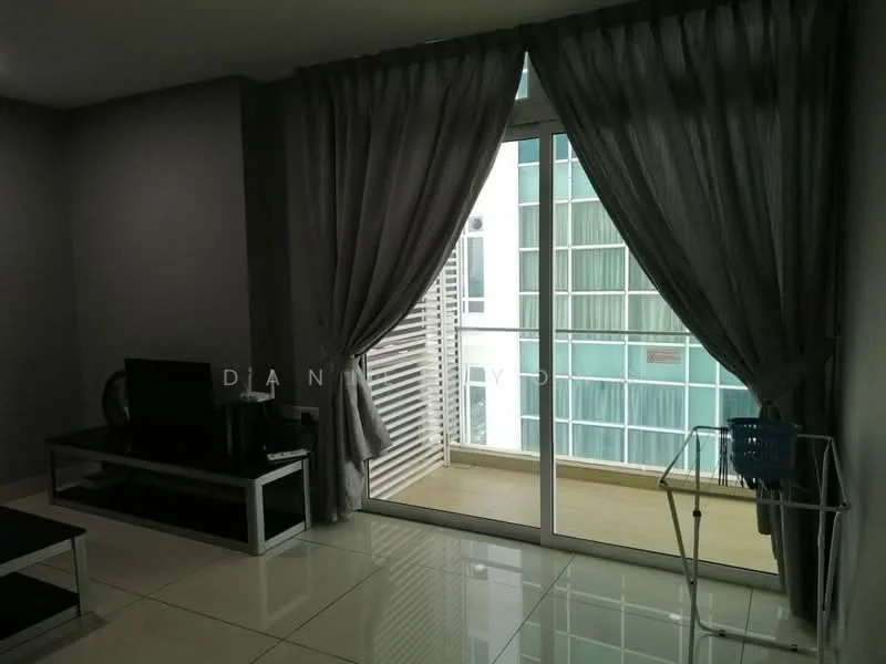 Living features: grey painted walls, white tiled flooring, floor-to-ceiling windows, sliding glass door, sheer curtains, black TV console, coffee table, decorative wall art; style: modern; view: city. Room features: balcony with railing, outdoor view.