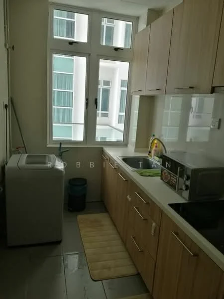 Kitchen features: single-bowl stainless-steel sink, chrome pull-down faucet, wood cabinetry with light finish, black countertop, built-in microwave, freestanding washing machine, tile backsplash, grey tile flooring, window with view to outside, kitchen mat; style: modern.