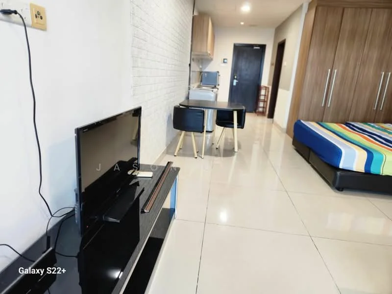 Living features: white painted walls, tile flooring, black TV console, flat-screen TV, dining table with two black chairs, bed with colorful striped bedding, wooden wardrobe, recessed lighting, open layout, window with natural light; style: modern.