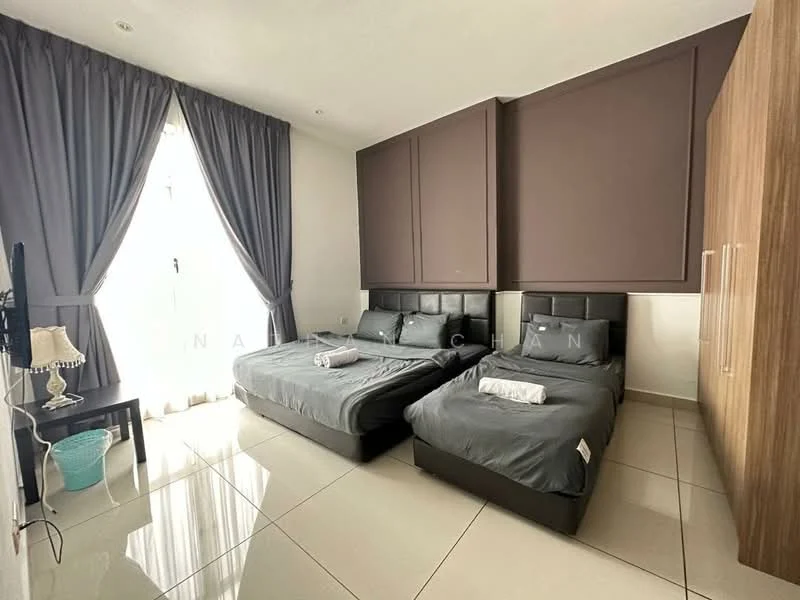 Bedroom features: two queen-size beds with upholstered headboards, grey bedding, floor-to-ceiling windows, sheer curtains, dark grey accent wall, light grey walls, white ceiling, polished ceramic tile flooring, wooden wardrobe, table lamp on bedside table, television mounted on wall; style: modern.