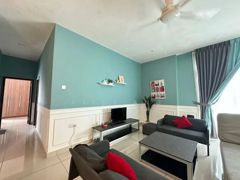 Living features: light blue painted walls, white wainscoting, polished ceramic tile flooring, 5-blade ceiling fan, sofa in grey fabric, red accent cushions, TV console in black, wall-mounted TV, decorative wall shelves, curtains in grey fabric, large windows with natural light; style: modern. Room features: doorway leading to hallway, wooden door with paneling.