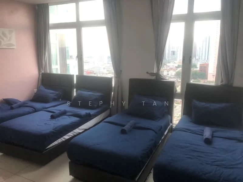 Bedroom features: four single beds with blue bedding, floor-to-ceiling windows, city view, grey curtains, light-coloured walls, tile flooring, decorative wall art, bedside pillows; style: modern; view: city.
