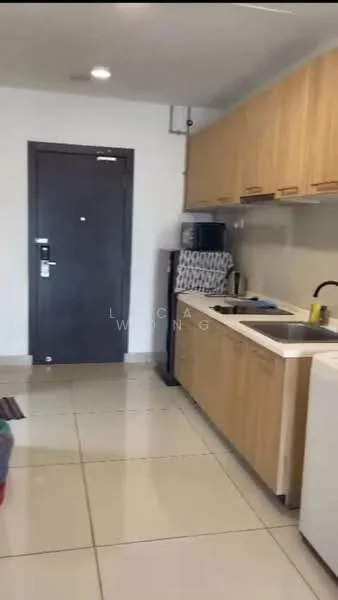 Kitchen features: wood cabinetry, stainless-steel sink, chrome pull-down faucet, black refrigerator, built-in oven, ceramic tile flooring, white walls, countertop with backsplash, kitchen utensils on countertop; style: modern.