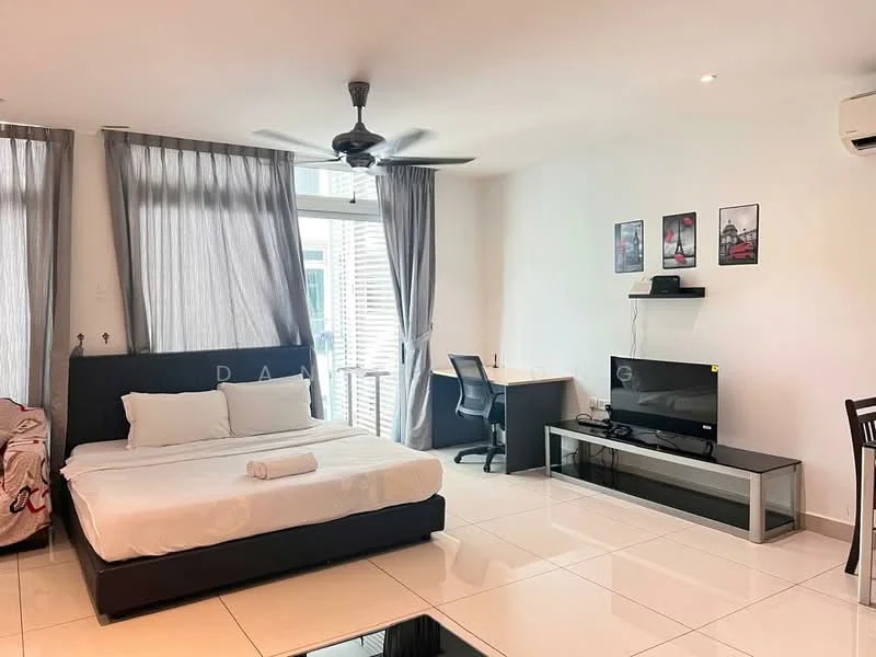 Bedroom features: queen-size bed with white bedding, black upholstered bed frame, 2 bedside tables, wall-mounted TV, black TV console, study desk with chair, ceiling fan, floor-to-ceiling windows with sheer curtains, white painted walls, glossy white tile flooring; style: modern.