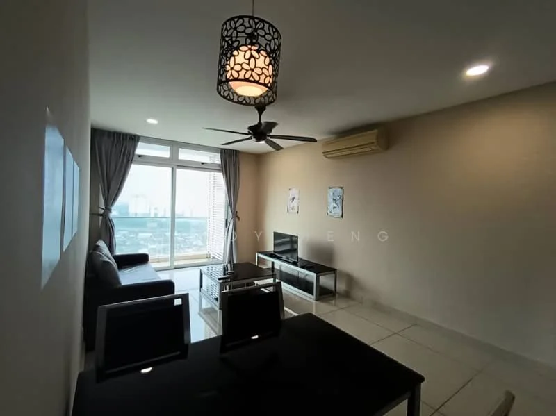 Living features: 3-seater fabric sofa in dark grey, ceiling fan with light, coffee table, TV console, wall-mounted TV, floor-to-ceiling windows, curtains, marble tile flooring, air conditioning unit, decorative wall art; style: modern; view: city.