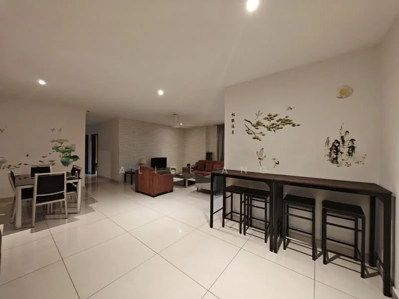 Living features: white painted walls, exposed brick accent wall, polished ceramic tile flooring, recessed downlights, sofa in dark color, coffee table, TV console, wall-mounted TV, decorative wall art, ceiling fan; style: modern. Dining features: 6-seater dining table, upholstered dining chairs, bar counter with high stools, decorative wall art; style: modern.