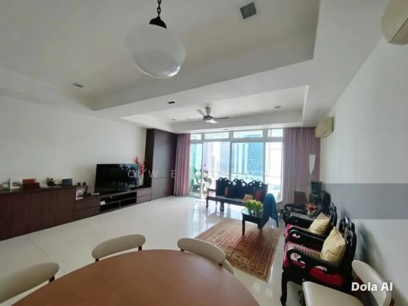 Living features: white painted walls, polished tile flooring, tray ceiling, 5-blade ceiling fan with light, wall-mounted TV, dark wood TV console, large floor-to-ceiling windows, sheer curtains, area rug with geometric pattern, wooden coffee table, upholstered armchairs, dining table with chairs, decorative plants; style: modern; view: city.