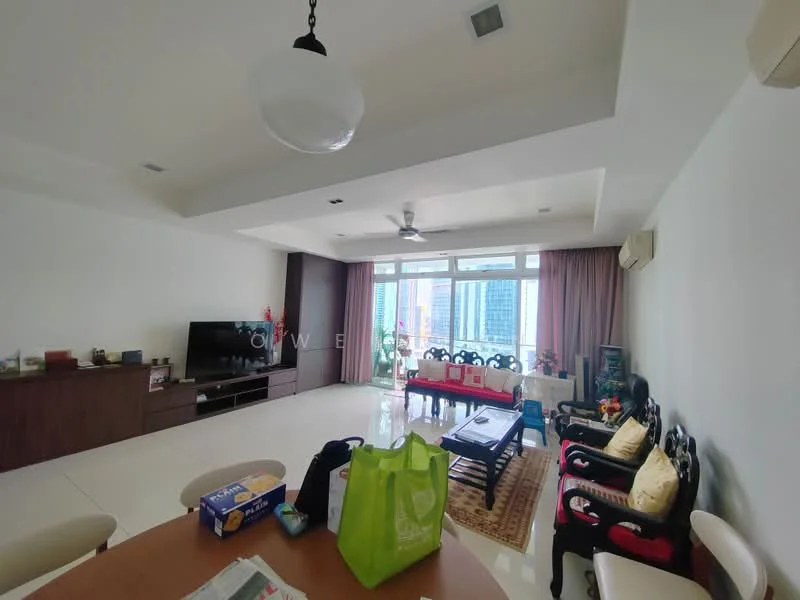 Living features: white painted walls, tray ceiling, recessed downlights, 5-blade ceiling fan, large floor-to-ceiling windows, sliding glass door, cream-colored curtains, polished tile flooring, dark wooden TV console, wall-mounted TV, area rug with geometric pattern, coffee table, 2-seater fabric sofa in beige, 3-seater fabric sofa in grey, wooden chairs with intricate design; style: modern; view: city.