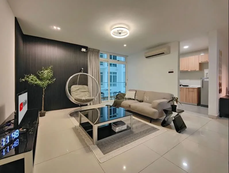 Living features: grey fabric sofa, glass coffee table, black accent wall with vertical panels, hanging egg chair, recessed ceiling lights, wall-mounted TV, air conditioning unit, large windows with sheer curtains, white tiled flooring, decorative plant in pot, area rug with geometric pattern; style: modern. Kitchen features: wood cabinetry, stainless-steel appliances, open layout to living area; style: modern.