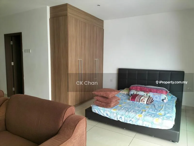 Bedroom features: queen-size bed, upholstered headboard, brown throw pillows, built-in wardrobe with wooden finish, cream painted walls, glossy tile flooring, sofa in brown fabric, window with natural light; style: modern.