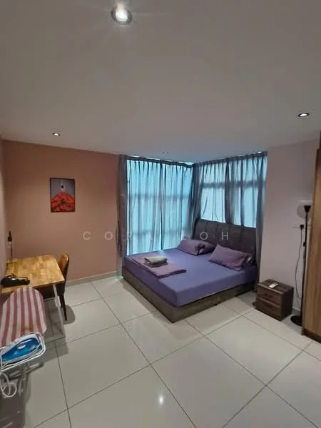 Bedroom features: queen-size bed with purple bedding, upholstered headboard, wooden bedside table, desk with chair, floor-to-ceiling windows, sheer curtains, recessed downlights, white tiled flooring, decorative wall art, built-in wardrobe; style: modern.
