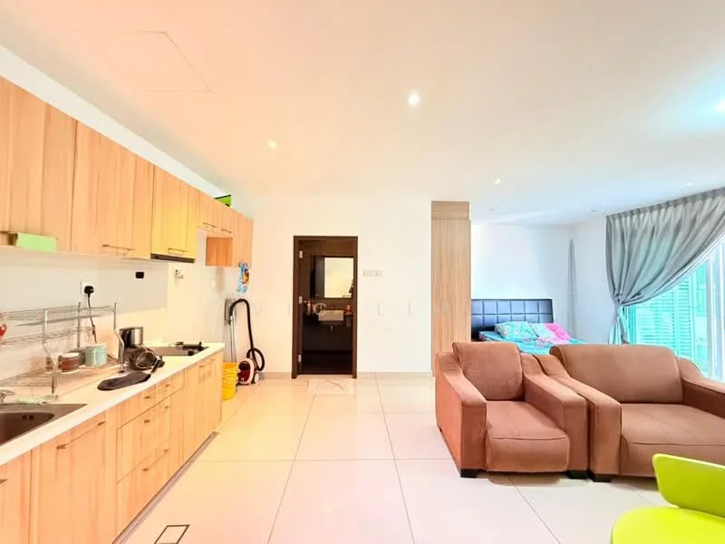 Kitchen features: light wood cabinetry, stainless-steel sink, chrome pull-down faucet, ceramic tile backsplash, built-in oven, freestanding range oven, microwave, countertop with grey veining, open shelving, kitchen island; style: modern. Living features: 2-seater fabric sofa in brown, armchair in beige, coffee table, area rug, floor-to-ceiling windows, curtains, wall-mounted TV, decorative cushions; style: modern. Room features: white painted walls, recessed downlights, tile flooring.