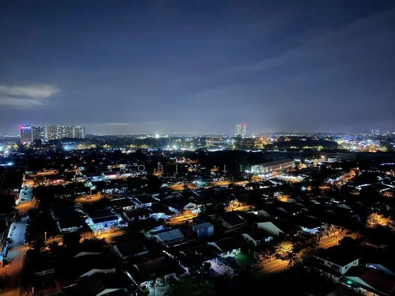 Exterior features: city skyline view, nighttime lighting, urban landscape, high-rise buildings in distance, streetlights illuminating roads, residential houses visible, dark sky with clouds; style: modern.