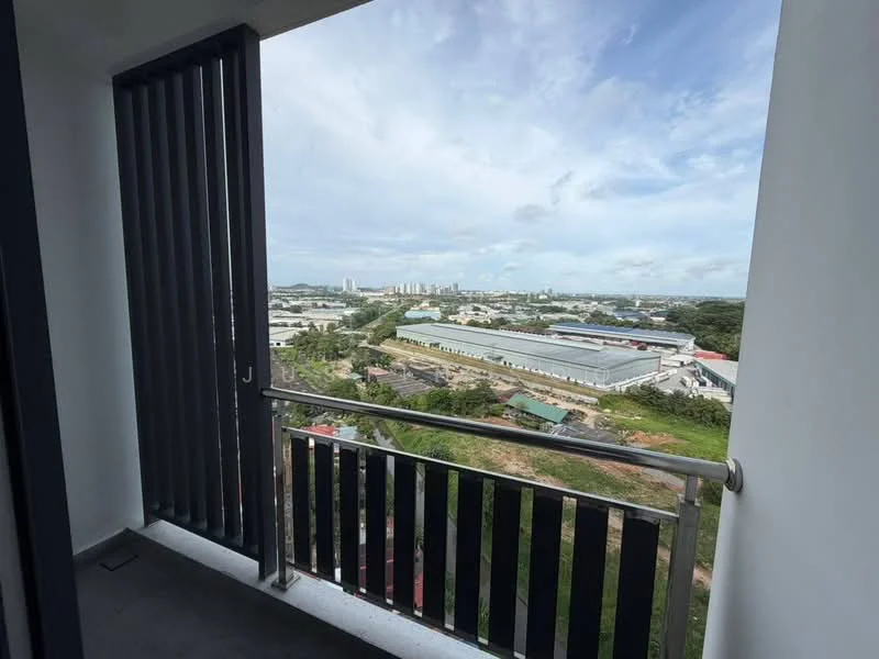 Room features: balcony with railing, concrete flooring, sliding glass door, city skyline view, metal vertical slats; view: city.