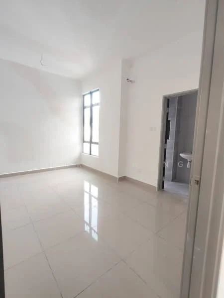 Room features: white painted walls, glossy ceramic tile flooring, large windows with multiple panes, neutral ceiling, doorway leading to bathroom, natural light from window; style: modern.