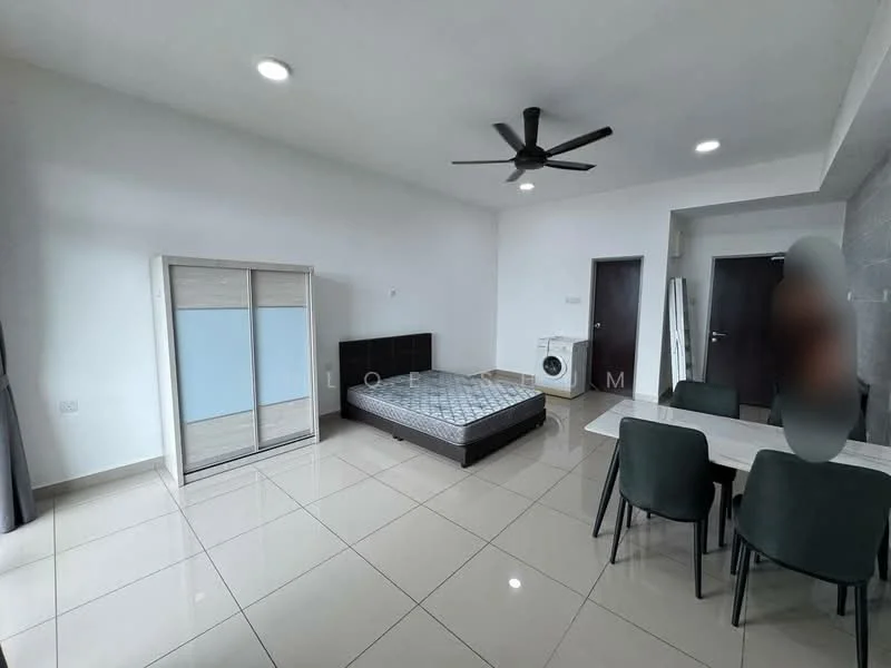 Room features: grey tiled flooring, white painted walls, ceiling fan with light, queen-size bed, upholstered headboard, built-in wardrobe with sliding doors, dining table with four chairs, washing machine, wall-mounted TV, large window with sheer curtains; style: modern.