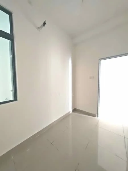 Room features: white painted walls, glossy tile flooring, large window, door leading outside, corner lighting, minimalist design; style: modern.