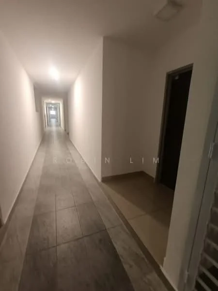 Hallway features: white painted walls, grey tile flooring, recessed lighting, doorway on the right, doorway at the end of the hallway, light switch, smooth ceiling; style: modern.