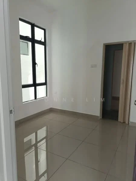 Room features: white painted walls, glossy ceramic tile flooring, large window with black frame, doorway leading to another room, neutral color scheme, high ceiling, no visible furniture; style: modern.