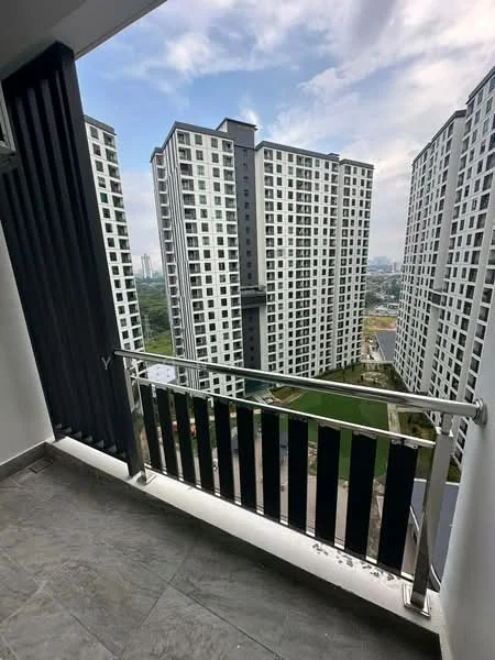 Balcony features: grey tiled flooring, metal railing with glass panels, black vertical slats, view of surrounding high-rise buildings, city skyline in the background; style: modern; view: city.