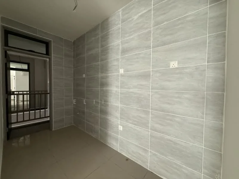 Room features: grey tiled walls, glossy beige floor tiles, window with black metal grille, light fixture wiring visible, electrical outlets visible, plain ceiling, doorway leading to another room; style: modern.