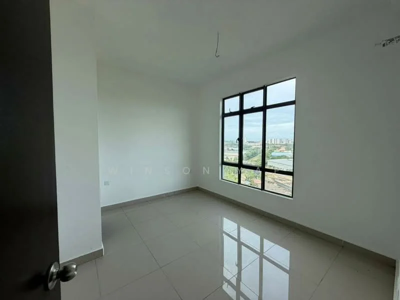 Room features: white painted walls, grey tiled flooring, large windows, city view, no visible ceiling fixture, empty room; style: modern; view: city.