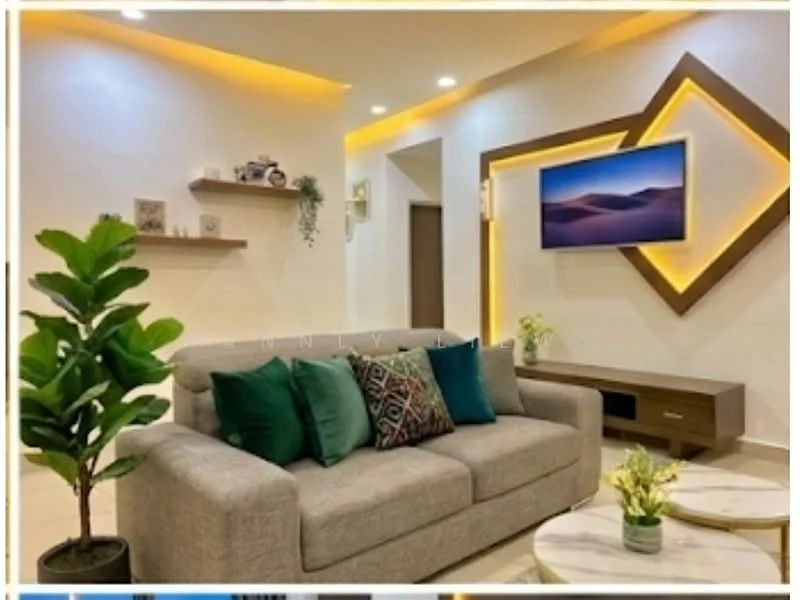 Living features: grey fabric sofa, decorative cushions in green and patterned, wooden coffee table, wall-mounted TV, floating shelf with decorative items, LED strip lighting, framed artwork, indoor plant, light-colored tiled flooring, recessed ceiling lights; style: modern.