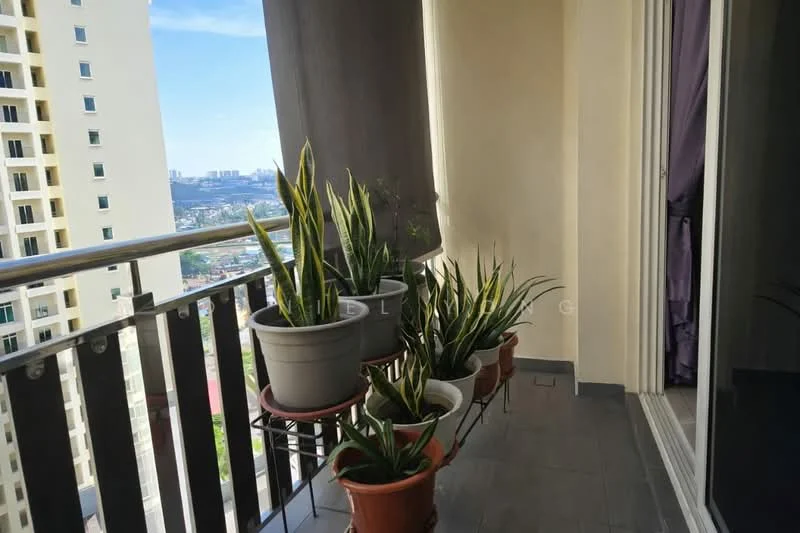 Balcony features: potted plants, ceramic pots, grey tiled flooring, railing with vertical bars, floor-to-ceiling sliding glass door, curtains, city view; style: modern; view: city.