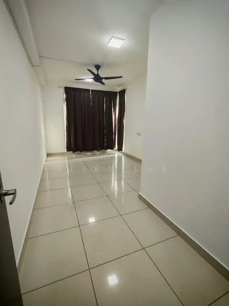 Room features: white painted walls, glossy ceramic tile flooring, 5-blade ceiling fan with light, floor-to-ceiling windows, blackout curtains, recessed ceiling lights; style: modern.