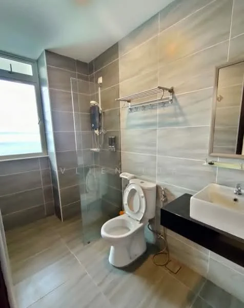 Bathroom features: grey tiled walls, light grey tiled flooring, walk-in shower with glass enclosure, chrome shower head, toilet, single-sink vanity with rectangular basin, mirror above sink, towel rack, window with natural light; style: modern.