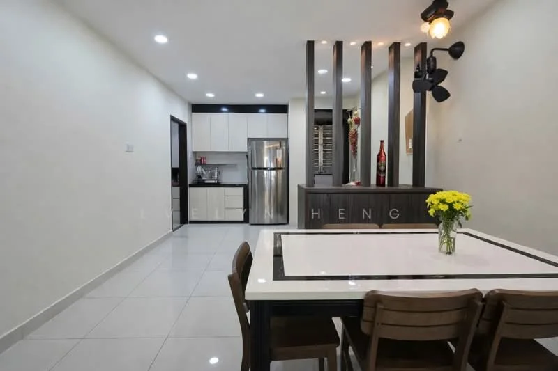 Dining features: white dining table with black trim, 4 wooden dining chairs, vase with yellow flowers on table, recessed ceiling lights, grey tiled flooring, open kitchen layout, stainless-steel fridge, white cabinetry, black countertop, kitchen island with bar seating, wall-mounted shelving, decorative wall art; style: modern. Kitchen features: white cabinetry, stainless-steel fridge, black countertop, wall-mounted shelving, recessed ceiling lights; style: modern.
