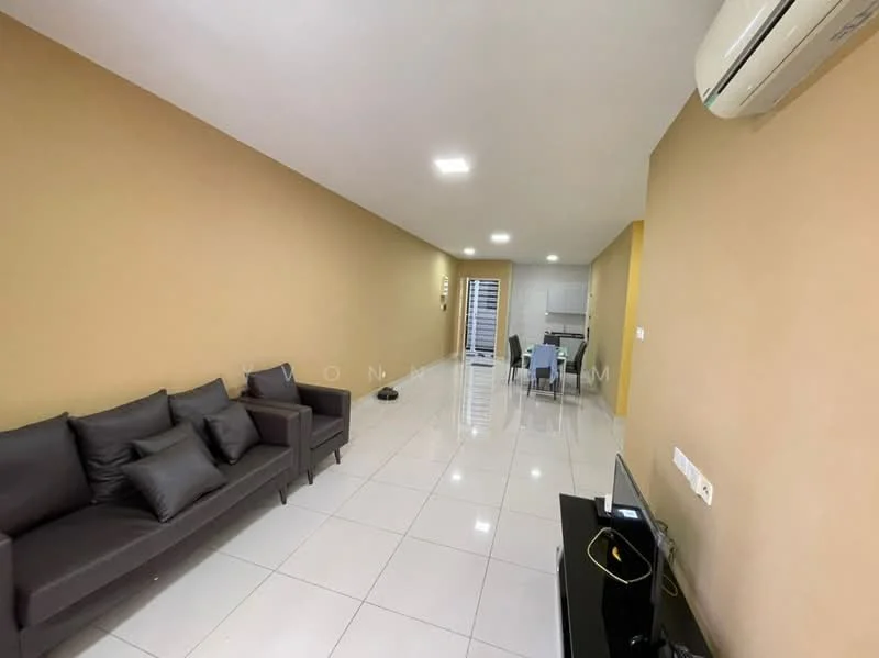Living features: grey fabric sofa with cushions, white tiled flooring, cream painted walls, recessed LED downlights, wall-mounted split AC, TV console, wall-mounted TV, open layout to dining area, sliding glass door to balcony, area rug; style: modern.