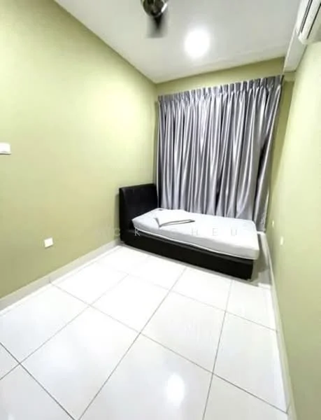 Bedroom features: green painted walls, white tiled flooring, single bed frame, grey curtains, ceiling fan, wall-mounted air conditioning unit, light fixture, empty mattress, outlet on wall, window with curtain; style: modern.