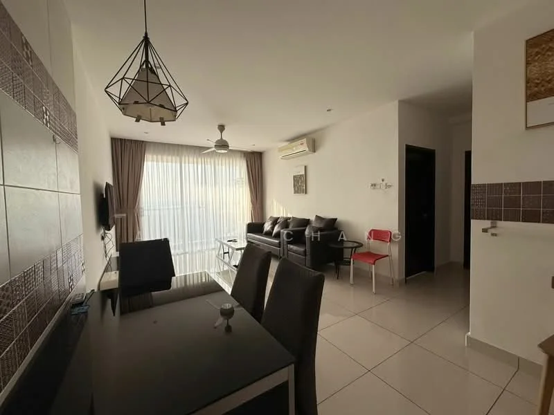 Living features: floor-to-ceiling windows, sheer curtains, 3-seater black leather sofa, 2-seater fabric sofa, coffee table, wall-mounted TV, TV console, ceiling fan, pendant light, light-colored walls, tile flooring, decorative wall art; style: modern; view: city. Dining features: glass dining table, 4 upholstered dining chairs, decorative centerpiece; style: modern.