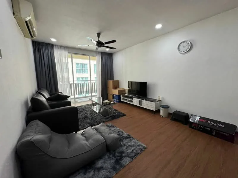 Living features: grey fabric 3-seater sofa, grey bean bag chairs, glass coffee table, TV console, wall-mounted TV, wooden flooring, white painted walls, ceiling fan, recessed LED downlights, floor-to-ceiling sliding glass door, curtains, decorative wall clock; style: modern; view: city.