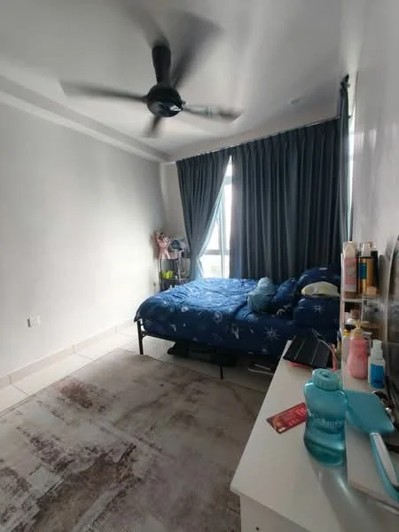 Bedroom features: blue bedding with star pattern, floor-to-ceiling window, dark blue curtains, ceiling fan, light-colored walls, light-colored tiled flooring, area rug with abstract pattern, nightstand, decorative items on nightstand, wall-mounted shelf with toiletries; style: modern.