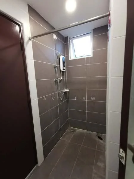 Bathroom features: grey ceramic tile walls, white ceramic tile accents, shower area with glass partition, rain shower head, handheld shower, wall-mounted water heater, sliding door, small window for natural light, grey ceramic tile flooring, chrome shower fixtures; style: modern.