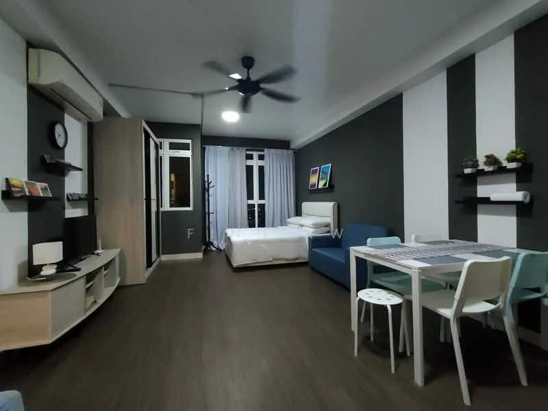 Living features: dark grey painted walls, white accent wall with vertical stripes, laminate flooring, 5-blade ceiling fan with light, wall-mounted TV, TV console, sofa in blue fabric, dining table with 4 chairs, bed with white bedding, floor-to-ceiling windows, sheer curtains, decorative wall shelves, clock on wall; style: modern; view: city.