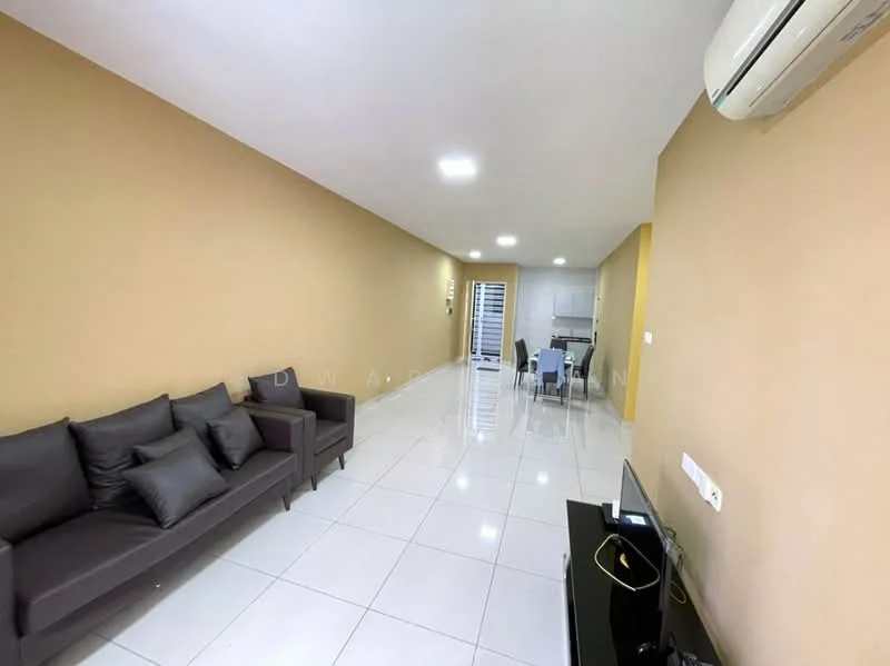 Living features: grey fabric sofa with cushions, white tiled flooring, cream painted walls, wall-mounted air conditioning unit, TV console, flat-screen TV, dining table with chairs, floor-to-ceiling windows, recessed ceiling lights; style: modern.