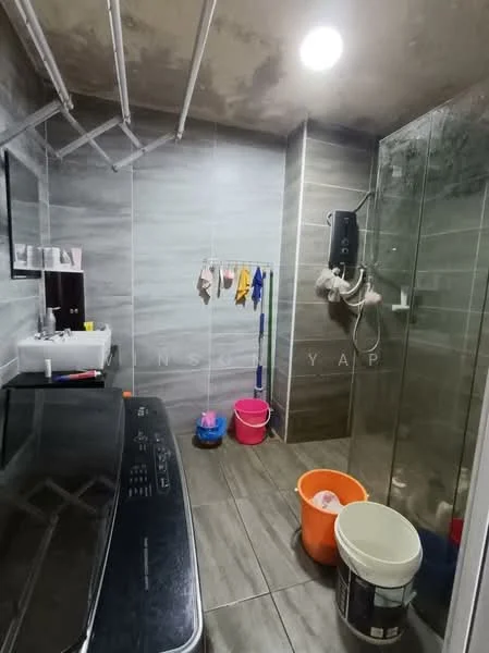 Laundry features: grey ceramic tile flooring, grey tiled walls, glass shower enclosure, washing machine, sink with faucet, hanging drying rack, multiple cleaning buckets, shower head, wall-mounted shower controls, LED ceiling light; style: modern.