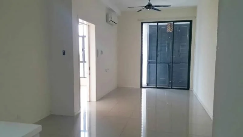 Living features: white painted walls, glossy tile flooring, 5-blade ceiling fan, floor-to-ceiling sliding glass door, black window shutters, air conditioning unit, natural light from window, neutral color scheme; style: modern.